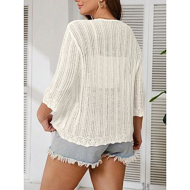 Plus Size Women's 3/4 Sleeve Lightweight Knit Cardigan