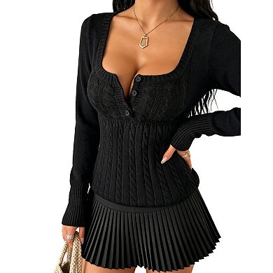 Women Cable Knit Square Neck Sweater with Button Front & Flared Ribbed Cuffs