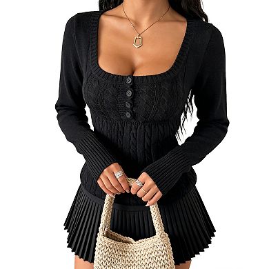 Women Cable Knit Square Neck Sweater with Button Front & Flared Ribbed Cuffs