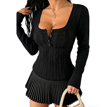 Women Cable Knit Square Neck Sweater with Button Front & Flared Ribbed Cuffs