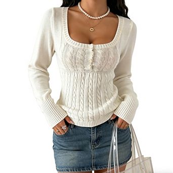 Women Cable Knit Square Neck Sweater with Button Front & Flared Ribbed Cuffs