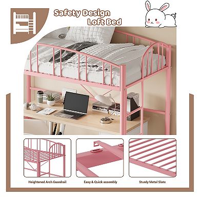 Loft Bed Twin Size,Metal Loft Bed Frame Twin Size With Arched Guardrail And Safety Ladder