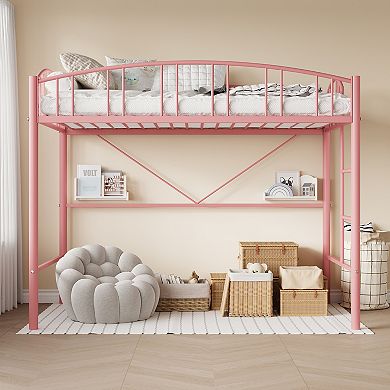 Loft Bed Twin Size,Metal Loft Bed Frame Twin Size With Arched Guardrail And Safety Ladder
