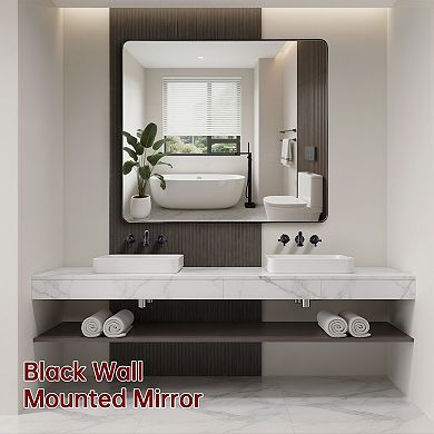 SUMERAIN 40"x36" Rounded Corner Mirror, Matte Black Metal Frame, 4mm Shatterproof Tempered Glass