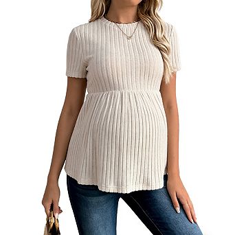 Women's Maternity Ribbed Knit Peplum Top Short Sleeve Crew Neck Pregnancy Shirt