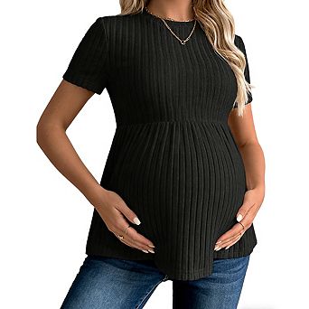 Women's Maternity Ribbed Knit Peplum Top Short Sleeve Crew Neck Pregnancy Shirt
