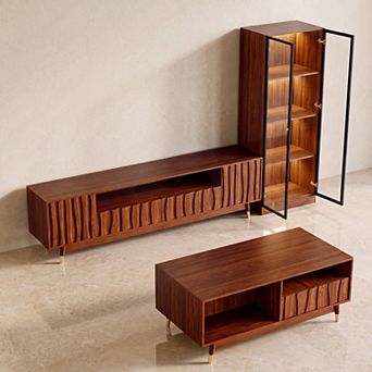 Walnut Finish TV Stand, 4 tier Glass Display Cabinet&Coffee Table, Mid-century Modern Media Console