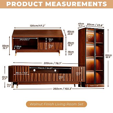 Walnut Finish TV Stand, 4-tier Glass Display Cabinet&Coffee Table, Mid-century Modern Media Console