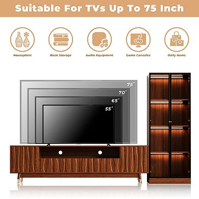 Walnut Finish TV Stand, 4-tier Glass Display Cabinet&Coffee Table, Mid-century Modern Media Console