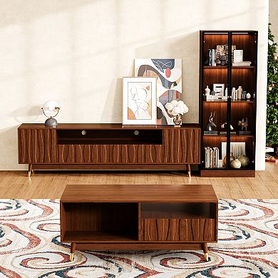 Walnut Finish TV Stand, 4-tier Glass Display Cabinet&Coffee Table, Mid-century Modern Media Console