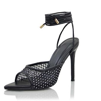 Rhinestone Mesh Lace-Up Ankle Strap Stiletto Heel Sandals
