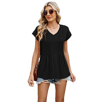 Women's Short Sleeve V-Neck Pleated T-Shirts Summer Boho Solid Color Loose Fit Top