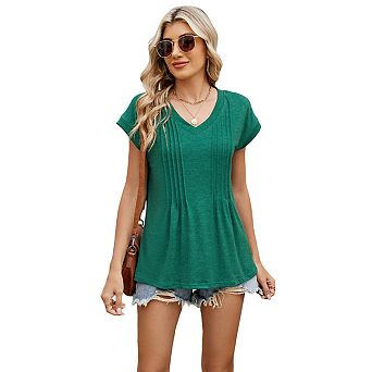 Women's Short Sleeve V-Neck Pleated T-Shirts Summer Boho Solid Color Loose Fit Top