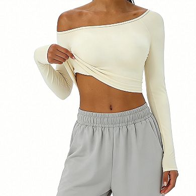 Women Off Shoulder Long Sleeve Crop Top Form-Fitting Shirt for Active & Casual Wear