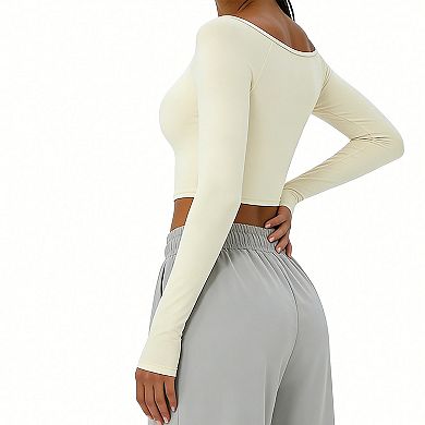 Women Off Shoulder Long Sleeve Crop Top Form-Fitting Shirt for Active & Casual Wear