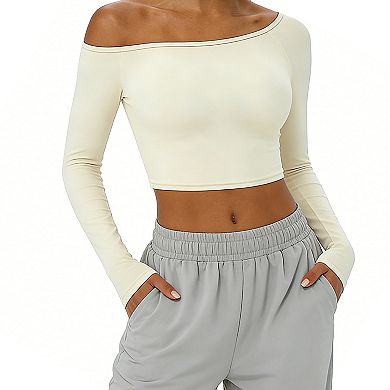 Women Off Shoulder Long Sleeve Crop Top Form-Fitting Shirt for Active & Casual Wear