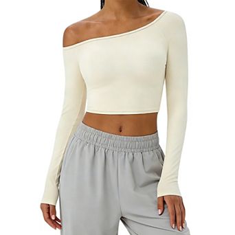 Women Off Shoulder Long Sleeve Crop Top Form-Fitting Shirt for Active & Casual Wear