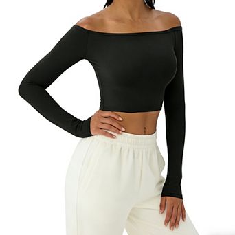 Women Off Shoulder Long Sleeve Crop Top Form-Fitting Shirt for Active & Casual Wear