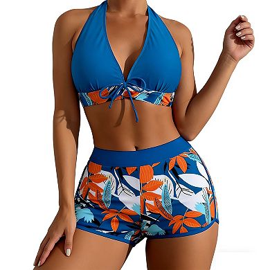 Womens Print Halter Two Piece Swimsuit with High Waisted Shorts & Tie Front Detail