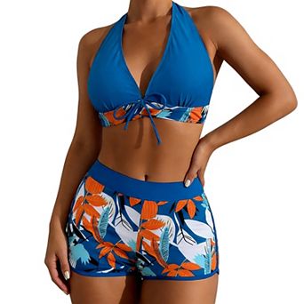 Womens Print Halter Two Piece Swimsuit with High Waisted Shorts & Tie Front Detail