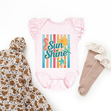 Sunshine Seahorse Stripes - Baby Flutter Sleeve Bodysuit