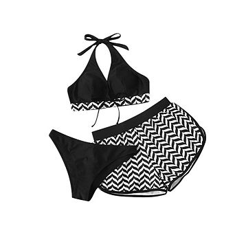 Womens High Waisted Bikini Sets Swimsuits Color Block 3 pc Bathing Suit