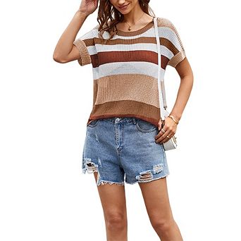 Womens Loose Fit Casual Pullover Short Sleeve Knit Top Crewneck Color Block Striped Crochet Blouse