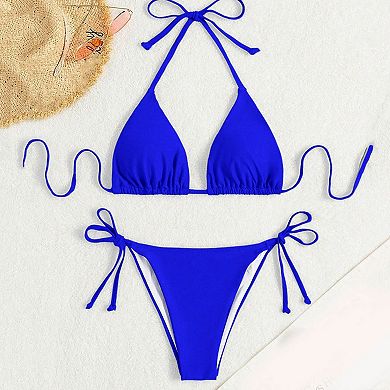 Women's Two Piece Bikini Set Halter Triangle Top Side Tie Bottom Swimwear