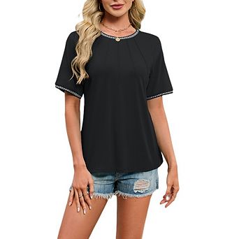 Women's Summer Casual Crew Neck Short Sleeve Blouse Tops Color Pleated Block Blouses Clothes