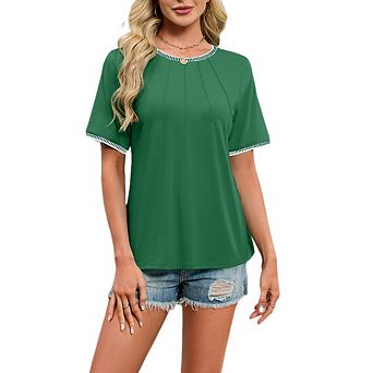 Women's Summer Casual Crew Neck Short Sleeve Blouse Tops Color Pleated Block Blouses Clothes