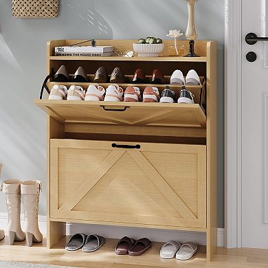 Shoe Cabinet Organizer with 2 Flip Drawers Hidden Freestanding Narrow Shoe Storage