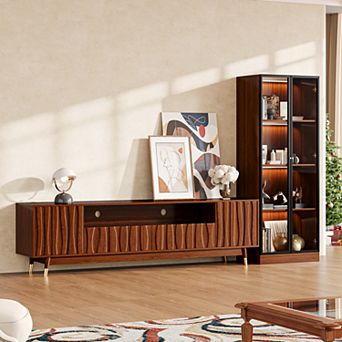 102.3'' Walnut Finish Entertainment Center, Wood TV Stand for TVs up to 75" and 4 tier Display Case