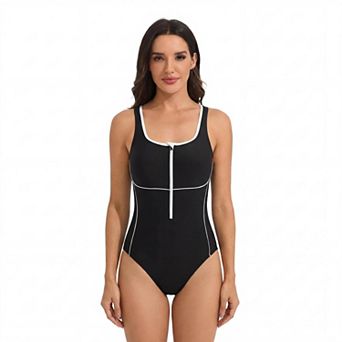 Women's Sporty One Piece Swimsuit Modest Coverage Bathing Suit with Unique Back Design