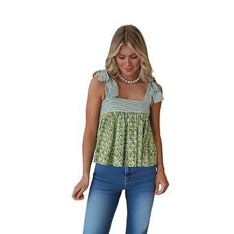 Women's Boho Floral Tops Summer Cottagecore Striped Flowy Smocked Spaghetti Strap Tie Blouse