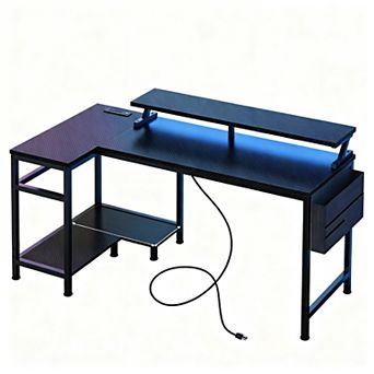L-Shaped Gaming Desk with LED Lights, USB & Power Ports, and Storage