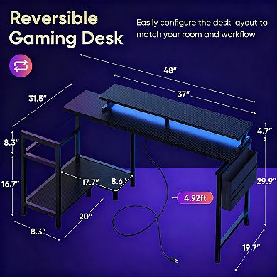 L-Shaped Gaming Desk with LED Lights, USB & Power Ports, and Storage