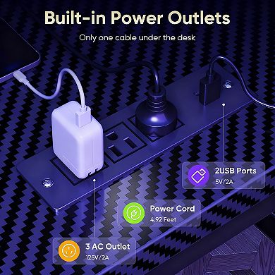 L-Shaped Gaming Desk with LED Lights, USB & Power Ports, and Storage