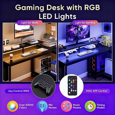 L-Shaped Gaming Desk with LED Lights, USB & Power Ports, and Storage