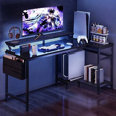 L-Shaped Gaming Desk with LED Lights, USB & Power Ports, and Storage