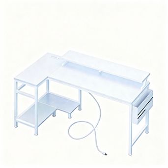 L-Shaped Gaming Desk with LED Lights, USB & Power Ports, and Storage