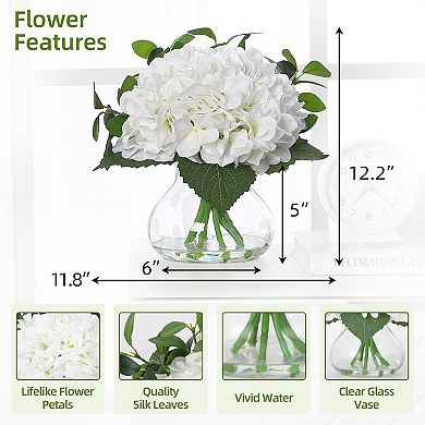 Hydrangea Artificial Flowers in Glass Vase,Real Touch Faux Bouquet with Faux Water, Home Table Decor