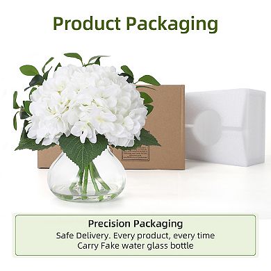 Hydrangea Artificial Flowers in Glass Vase,Real Touch Faux Bouquet with Faux Water, Home Table Decor
