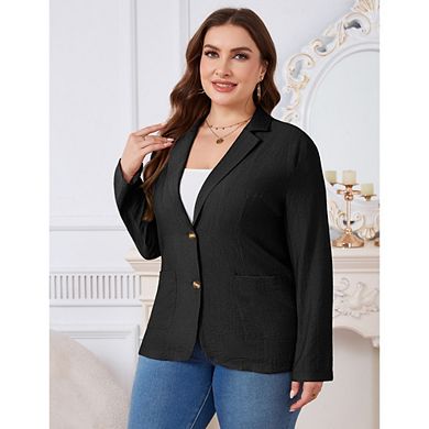Women's Plus Size Casual Dressy Blazer Notched Lapel Double Long Sleeve Work Jacket with Pockets