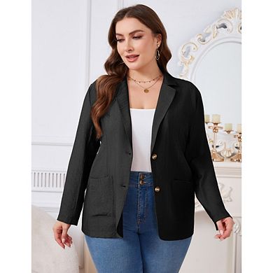 Women's Plus Size Casual Dressy Blazer Notched Lapel Double Long Sleeve Work Jacket with Pockets