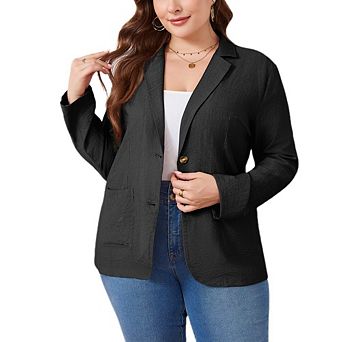 Women's Plus Size Casual Dressy Blazer Notched Lapel Double Long Sleeve Work Jacket with Pockets