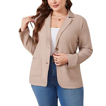 Women's Plus Size Casual Dressy Blazer Notched Lapel Double Long Sleeve Work Jacket with Pockets