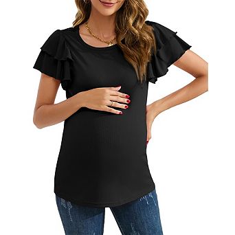 Women's Maternity Top Casual Short Sleeve Stylish Flying Shirt Crew Neck Pregnancy Babyshower Blouse