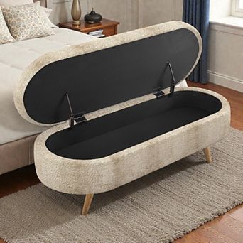 Lufeiya 43.5" Oval Upholstered Storage Ottoman Bench with Rubber Wood Legs, Fabric Footstool Seat