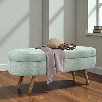 Lufeiya 43.5" Oval Upholstered Storage Ottoman Bench with Rubber Wood Legs, Fabric Footstool Seat