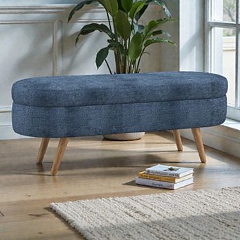 Lufeiya 43.5" Oval Upholstered Storage Ottoman Bench with Rubber Wood Legs, Fabric Footstool Seat